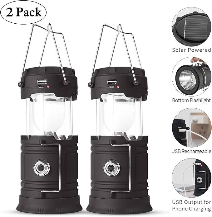 Solar Lantern Flashlights, 2 Pack USB Rechargeable Camping Lantern Led, Collapsible & Portable
