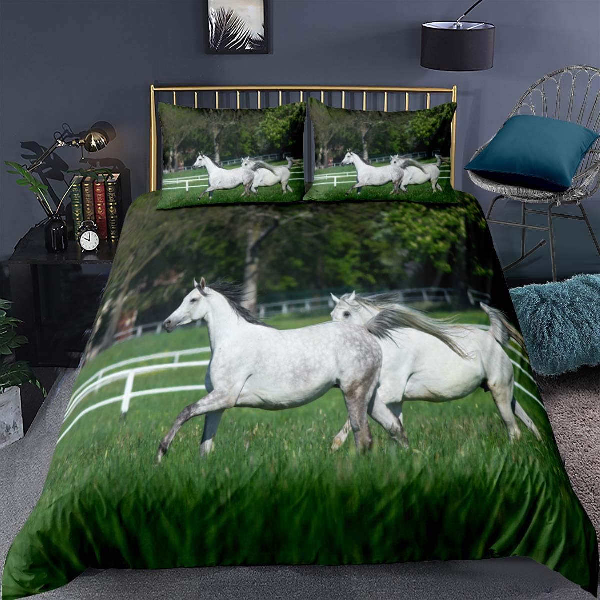 Loussiesd Horse Bedding Set For Kids Boys Teens,Horse Farm Grassland
