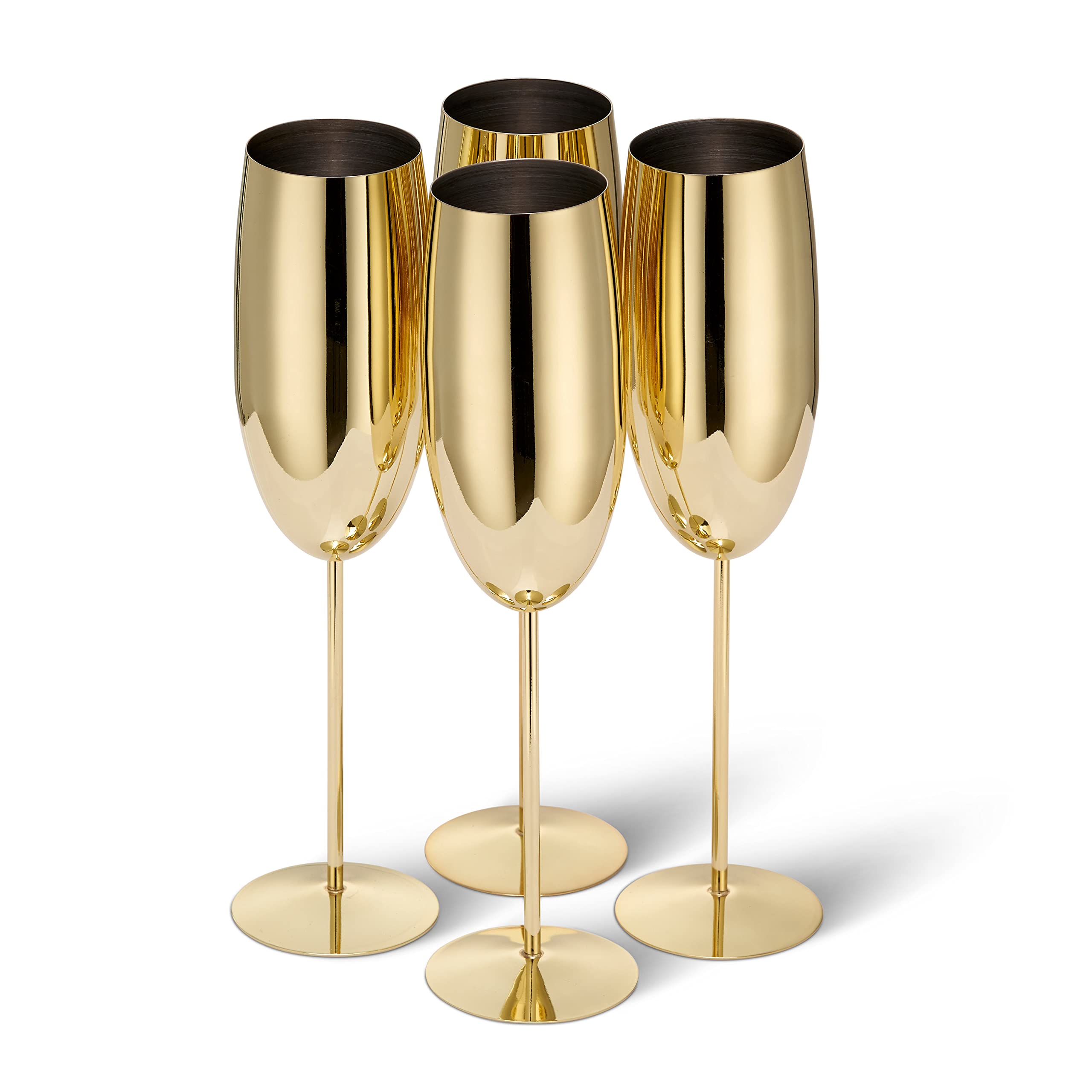 Oak & Steel - 4 Stainless Steel Champagne Flutes - Camping Wine Glasses - Picnic Champagne Flutes - Solid & Unbreakable - Outdoor Parties, Picnic, Beach & Pool - Gold, 285 ml