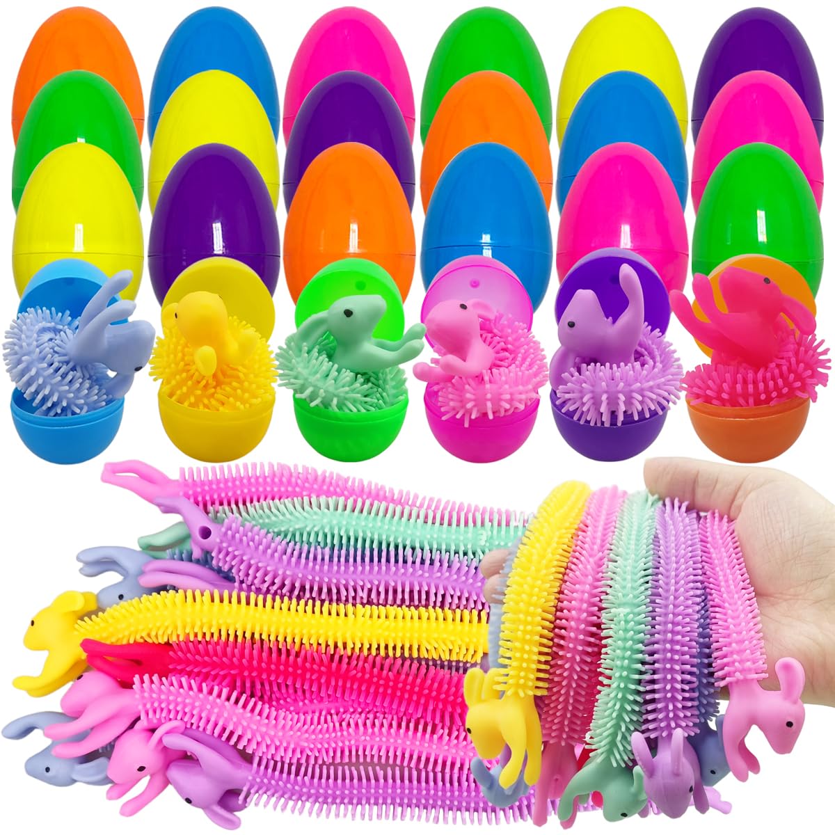 Pinkiwine 24 Pack Easter Eggs with Easter Bunny Stretchy String Fidget Toys Inside for Kids Boys Girls Easter Basket Stuffers Stress Relief Gifts