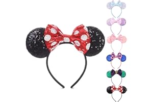 Meteorito Women Girls Mouse Ears Headbands With Bow Sequin Hair Accessories for Birthday Costume Party