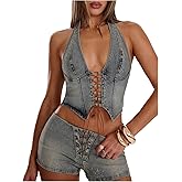 Milumia Women's Lace Up Denim Halter Corset Top Sexy Deep V Neck Open Back Crop Tank Tops