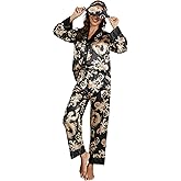 Arwser Women's Silk Satin Pajamas Set 4pcs Long Sleeve Button Down Sleepwear V-Neck Printed Dragon Pjs
