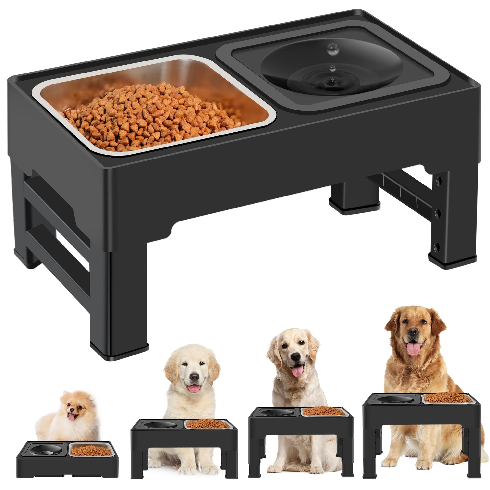 Photo 1 of ikuso 2-in-1 Elevated Dog Bowls, Raised Pet Bowl with Stainless Steel Food Bowl and Spill Proof Water Bowl, 4 Adjustable Heights, Non-Slip Stand, for Small, Medium, Large Dogs and Pets