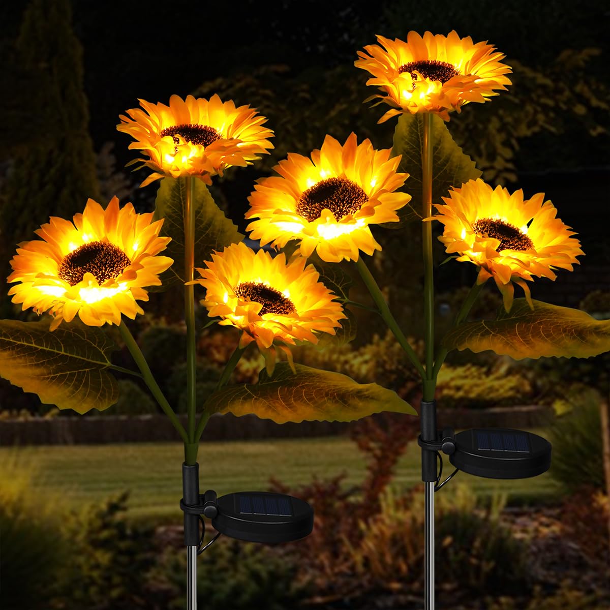 Aolyty Solar Sunflower Lights, 2Packs LED Waterproof Flower Lights Sunflower Stake Lamp Outdoor Artificial Ornaments Night Light Decoration Light for Pathway Patio Yard Party Wedding (3 Heads)