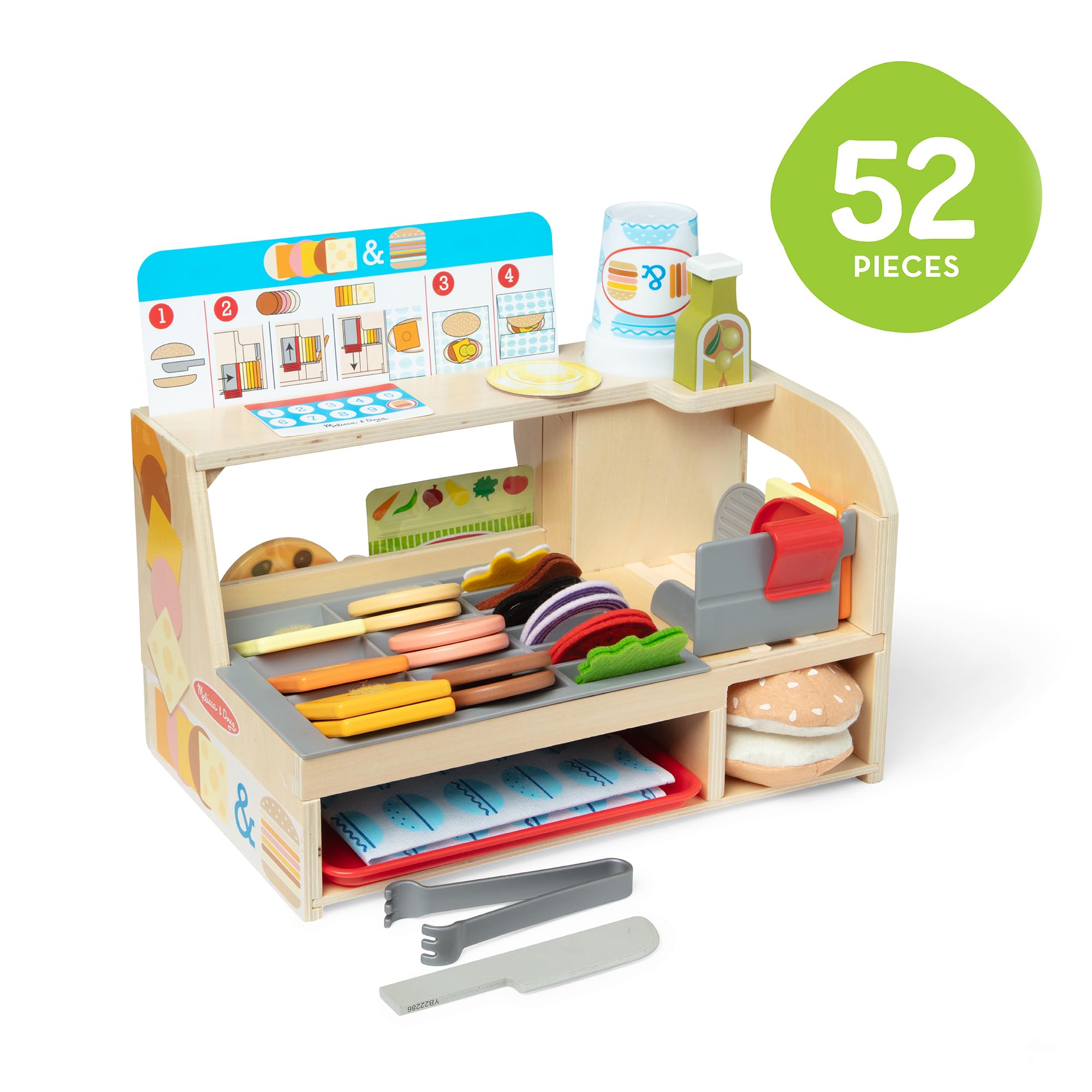 Melissa & Doug Slice-Stack-Serve, Wooden Sandwich Counter Pretend Play Store with Play Food Toys, Play Money & Deli Slicer, Preschool Toys for Kids 3+