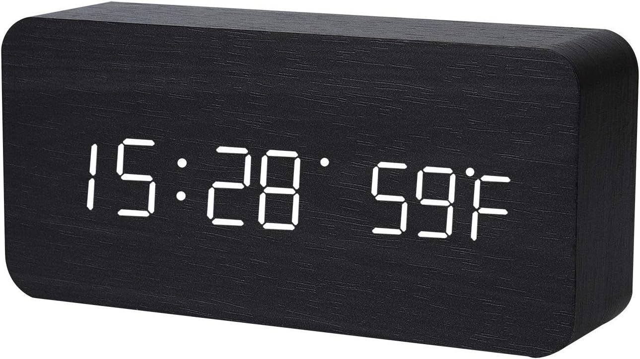 K Kwokker Digital Clock for Home Office Battery Operated USB Powered Wooden Alarm Clock w/Date/Day/Temperature/Sound Control for Seniors Student Kids Mother Father Modern Travel Smart LED Clock