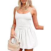 Nsbonu Women's Smocked Mini Dresses Summer Beach Sundress High Waist Casual Spaghetti Strap Swing A Line Babydoll Mini Dress
