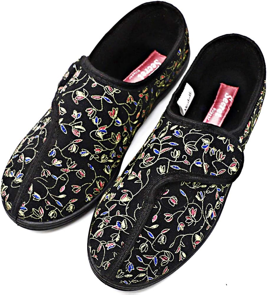 Womens Diabetic Slippers Swollen Feet Embroidery House Shoes Adjustable Touch Close Strap Memory Foam Wide Width for Elderly, Seniors, Edema