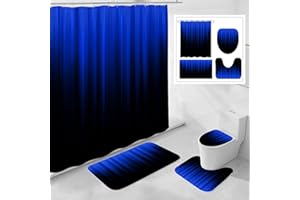 Litabel 4 Pcs Royal Blue and Black Gradient Shower Curtain Set with Rugs and Toilet Lid Cover, Modern Simple Waterproof Fabric Bathroom Set, Ombre Stripe Gothic Abstract Bathroom Decor Set Accessories