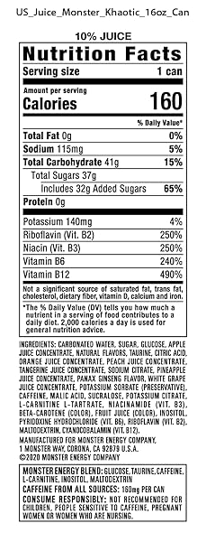 MONSTER ENERGY JUICE MONSTER KHAOTIC TROPICAL ORANGE, ENERGY + JUICE, ENERGY DRINK, 16 OUNCE (PACK OF 15)