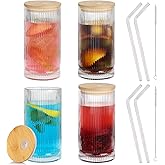 Salpae 16 Oz Ribbed Drinking Glasses with Lids and Straws, 4 Pack Iced Coffee Glasses Clean Water Glass Cups for Kitchen Juicing, Office, Travel