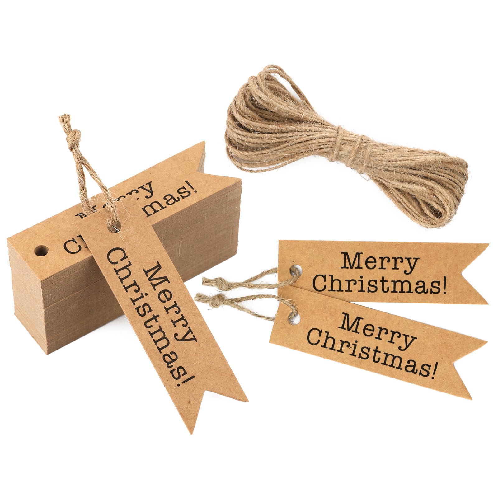 jijAcraft Merry Christmas Tags - 100pcs Brown Kraft Paper Gift Tags with String, Printed with Merry Christmas Label - DIY Home Party & Xmas Gift Wrapping