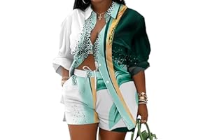 Mandonce 2 Piece Outfits for Women Long Sleeve Printed Shirt and Elastic Lace-Up Shorts with Pockets Beach Vacation Clothes