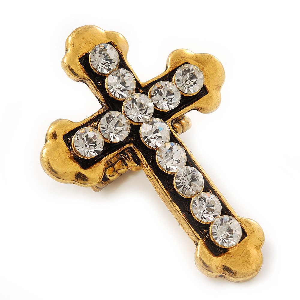 Avalaya Fleur de Lis Crystal Set Cross Stretch Ring/Vintage Gold Finish/ 6cm L//Adjustable/Size 7/8