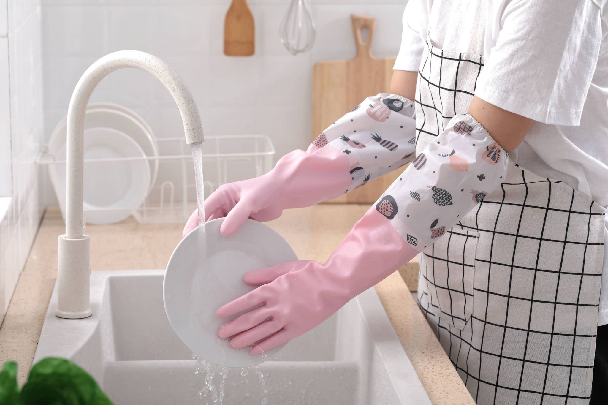 Revolution Studio 3 Pair Long Sleeve Gloves PVC Vinyl Household Cleaning Anti Allergic Large Adult Size (Pink)