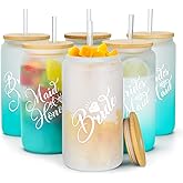 pengtai Bridesmaid Glass Tumbler Set of 6 With Straw, 16 oz, Borosilicate Glass, BPA Free, Reusable, Blue & White, Classic Style, Bachelorette Party Favors