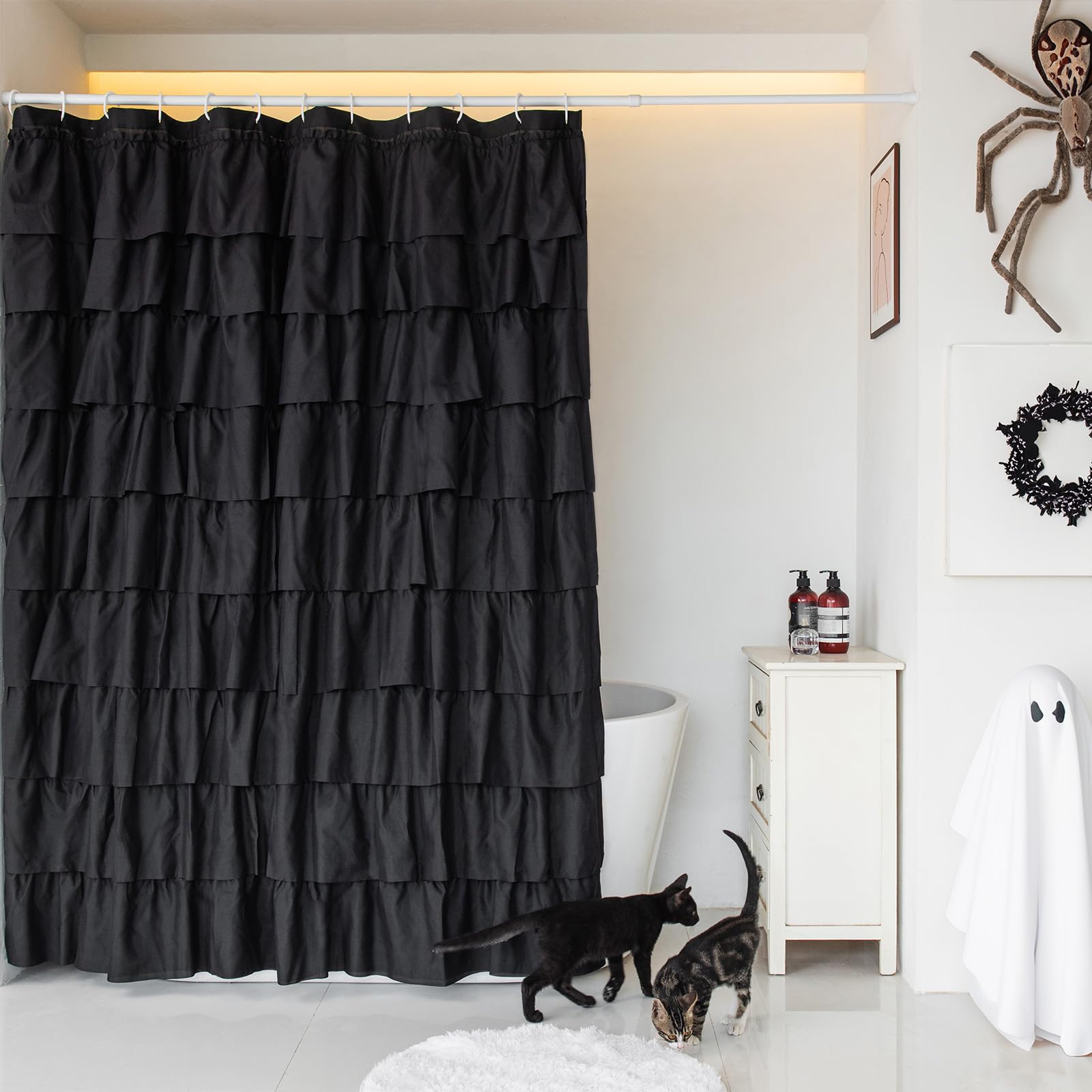 WestWeir Black Ruffle Shower Curtain - Gothic & Elegant Bathroom Decor, Ruffled Design, Boho & Vintage Chic, Easy Care, Lightweight, Fits Farmhouse & Modern Styles, 72" Fabric Cloth Bathroom Curtains