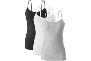 Komfokore 3 Pack Camisole for Women Built in Bra Cotton Undershirts Adjustable Spaghetti Strap Tank Tops