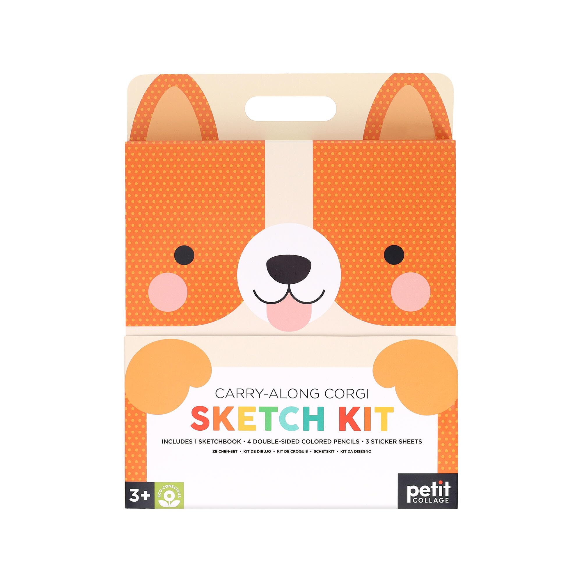 Petit Collage: Carry-Along Corgi Sketch Kit | Includes 100 Sketch Pages and Over 70 Colorful Stickers | Packed in a Carrying Case for Art On-The-Go | Great for Ages 3+