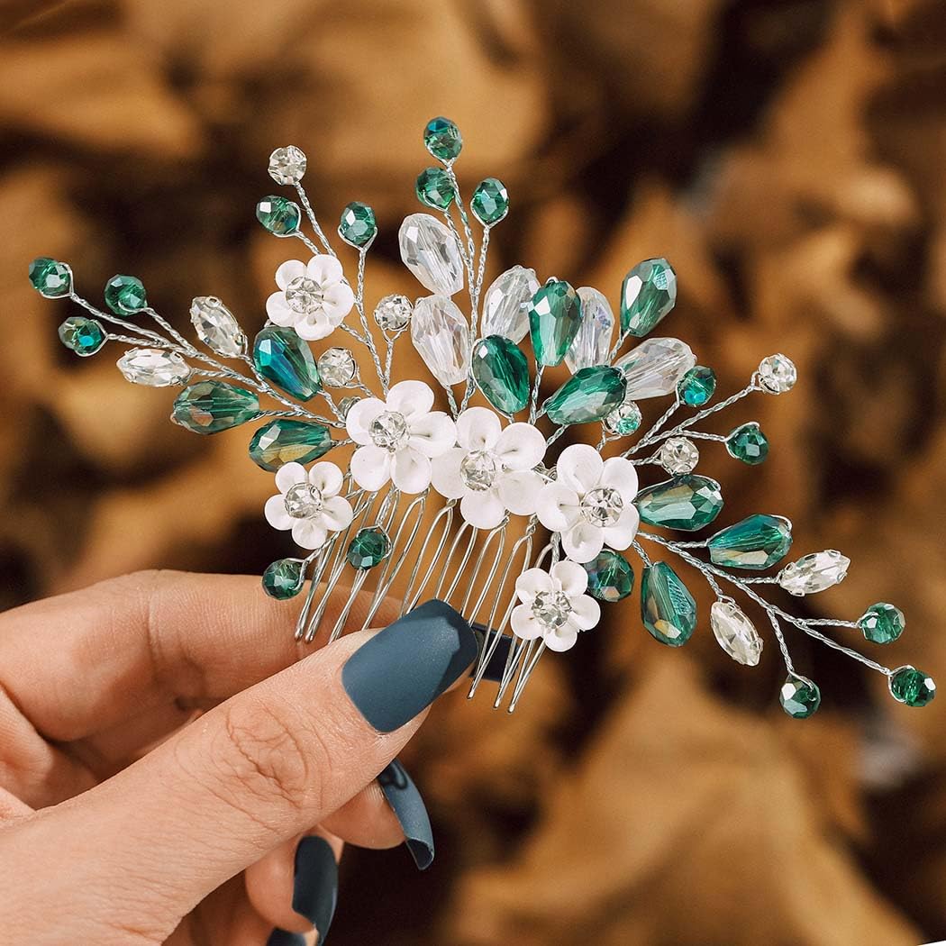 IYOU Princess Green Flower Pearl Hair Comb Bridal Wedding Headpiece Accessories for Women