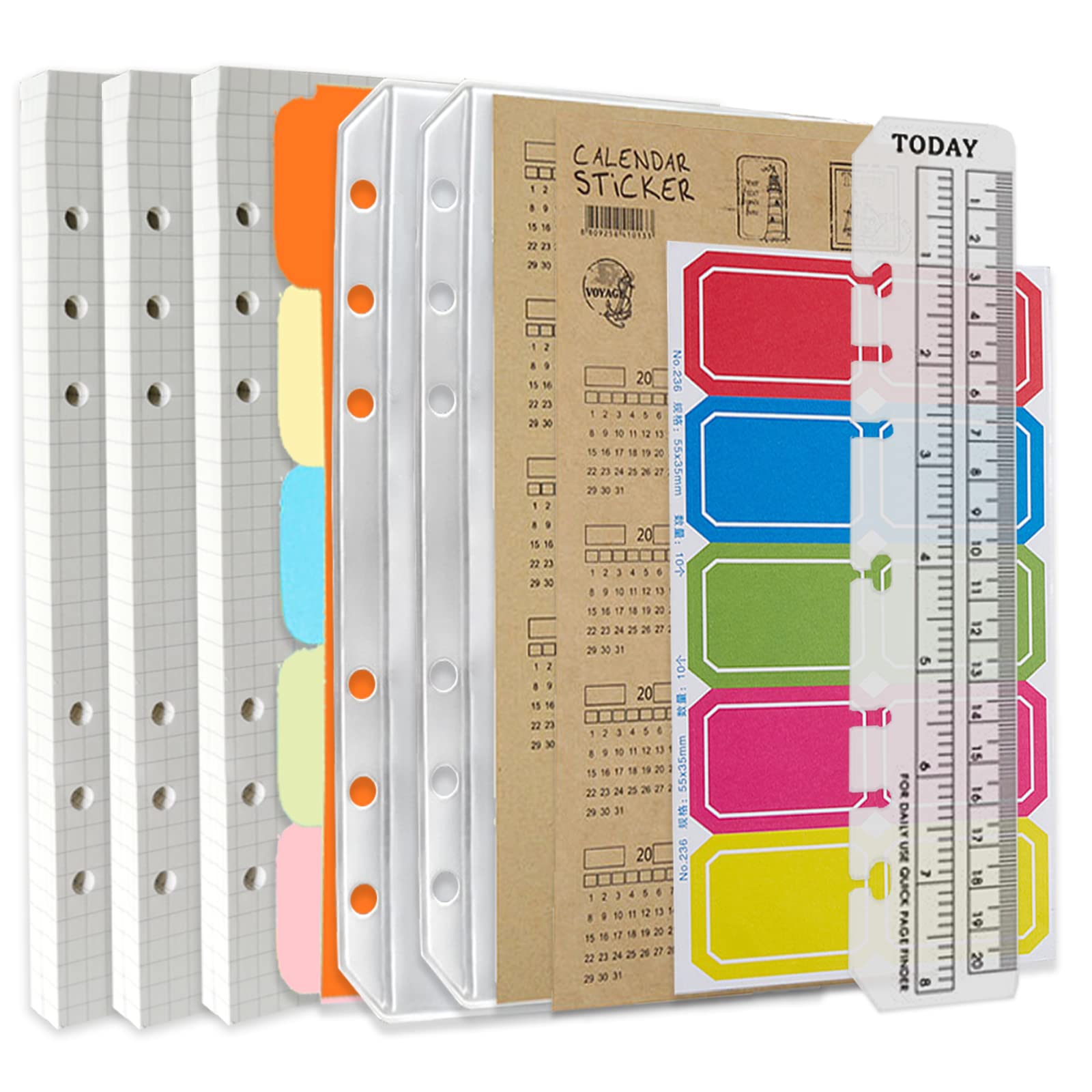 DY.2ten A5 6-Hole Binder Notebook Refills Set - 135 Sheets (270 Pages) Graph Paper + 2pcs A5 Zipper Binder Pockets + 5 Pcs Dividers + Index Note Tabs + Index with Date + Ruler