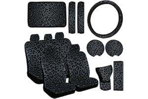 JINGSEN 15 Pieces Leopard Print Printing Car Steering Wheel Cover Center Console Armrest Pad Headrest Seat Belt Cover Handbrake Cover Keychain Coaster Full Set Car SUV （Black Leopard Print）