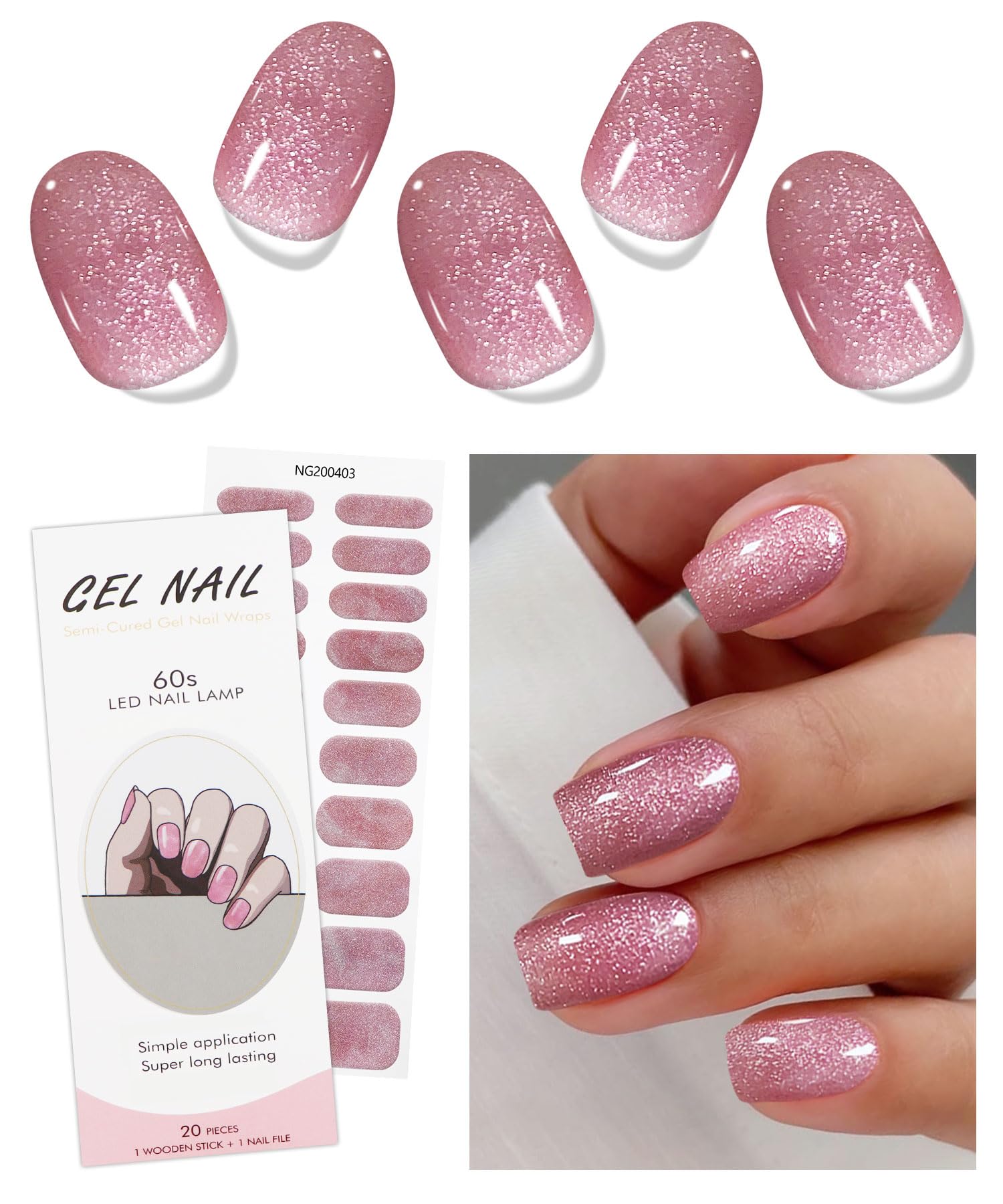JMEOWIO Gel Nail Stickers Pink White Semi Cured Gel Nail Strips Wraps UV/LED Nails Art Design Decoration Accessories