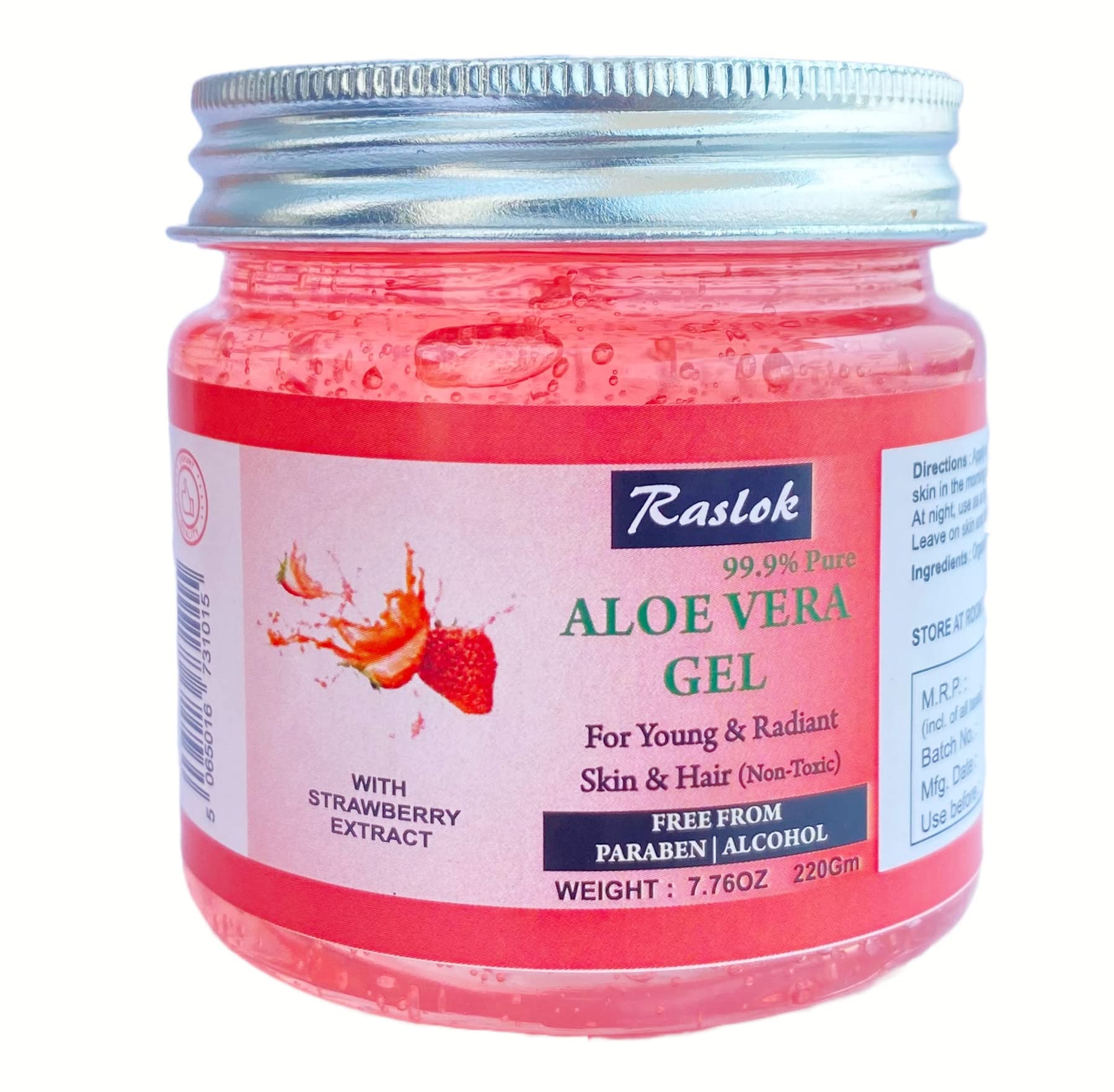 Raslok Aloe Vera Gel | 100% Pure and Natural Aloe Gel | For Moisturizing Face Skin & Hair Care | Durable Moisturizing Hydrating Soothing | Non-Sticky (Strawberry, 7.76 OZ)