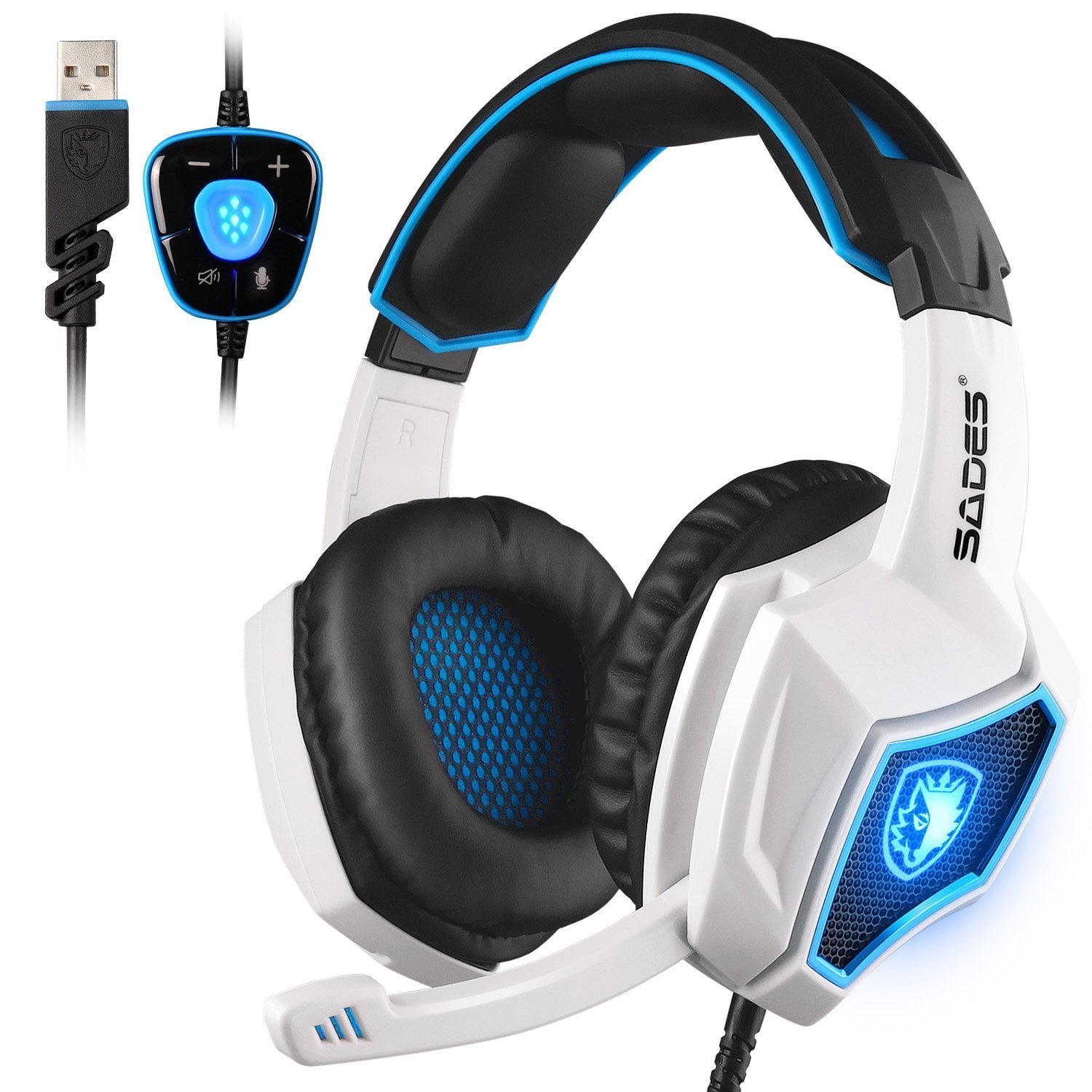 New Updated SADES Spirit Wolf 7.1 Surround Stereo Sound USB Computer Gaming Headset with Microphone,Over-the-Ear Noise Isolating,Breathing LED Light For PC Gamers  (Black & White)