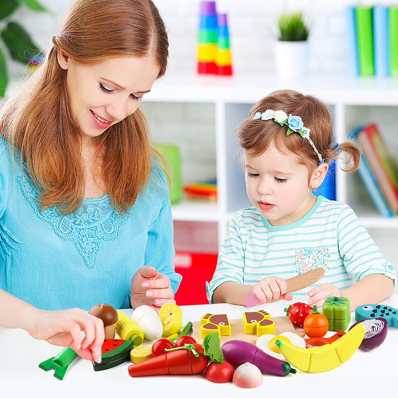 Jacootoys Pretend Play Food Set, Kids Magnetic Cutting Toys, Children's Fruits Vegetable Kitchen Simulation Playset 27 PCS - Image 4