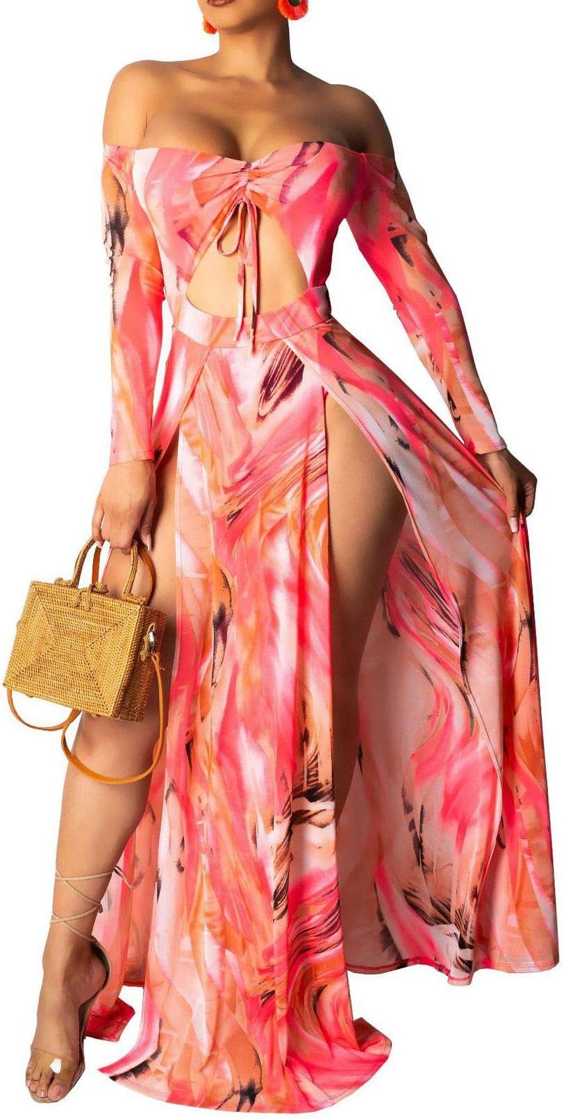 Memorose Womens Print Maxi Dress Off Cut Out Split Bodycon Party Club Dress