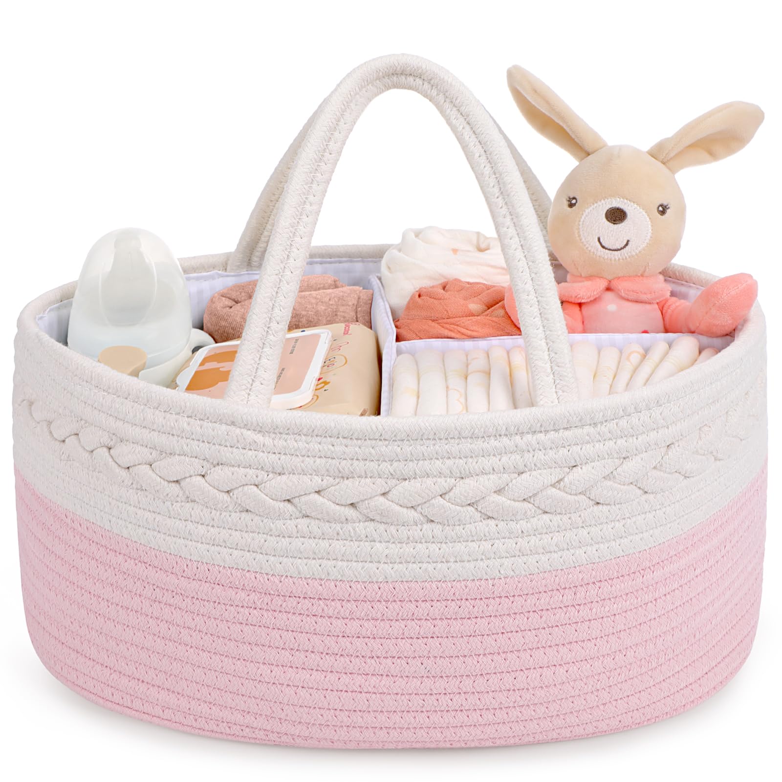 Maliton Nappy Caddy，Cotton Rope Newborn Essentials，Sturdy Portable Nursery Baby Caddy Storage Basket with Removable Compartments，Nappy Organiser as Baby Shower Gifts for Newborn, Pink