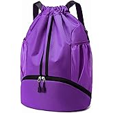 Hoedia Sports Drawstring Backpack - String Swim Gym Bag with Shoes Compartment and Wet Proof Pocket for Women/Men (Purple)