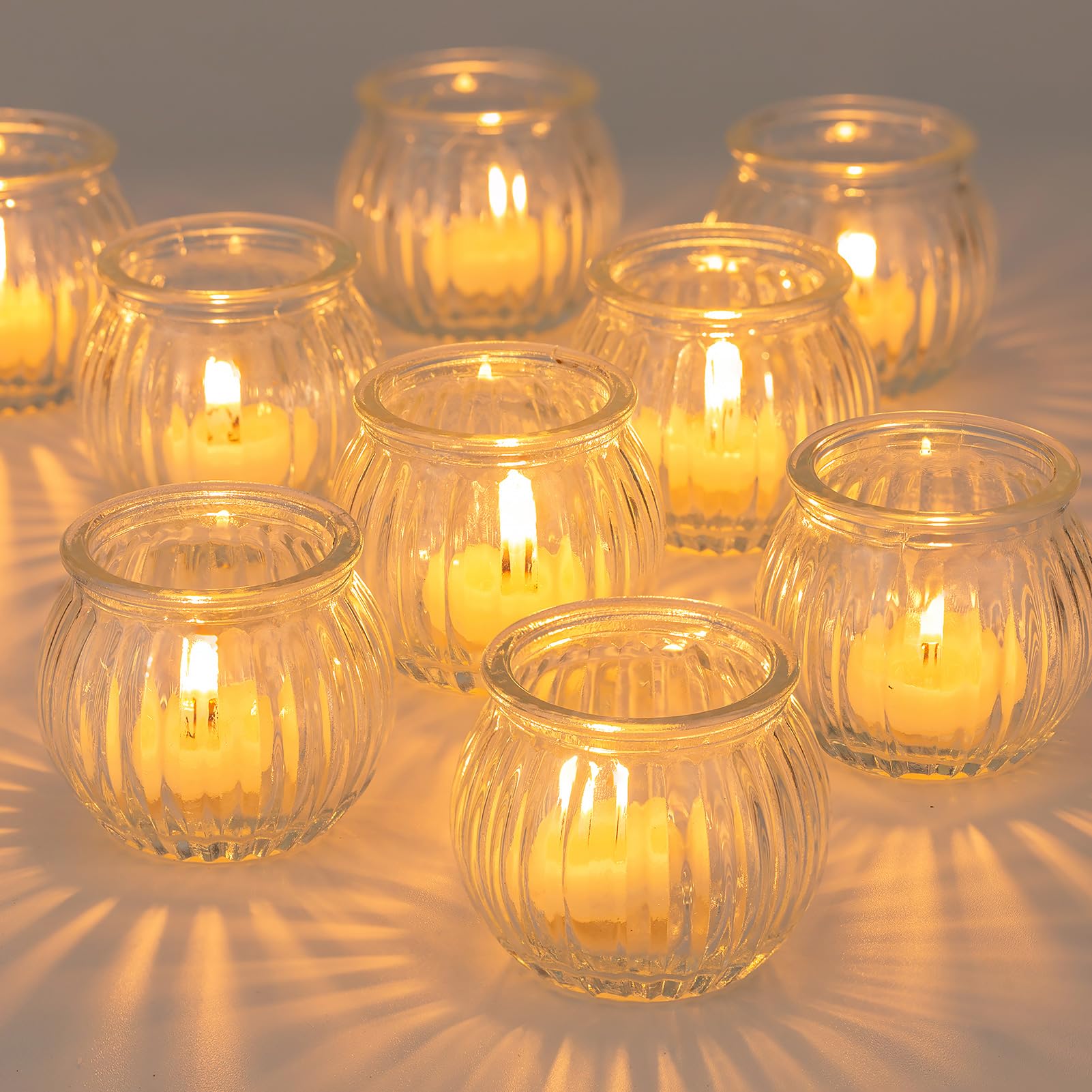 NUPTIO Glass Tealight Candle Holder: 12 Pcs Clear Pumpkin Christmas Tea Light Holders Small Ribbed Crystal Tea Candle Wedding Centrepiece for Tables Christmas Ornaments