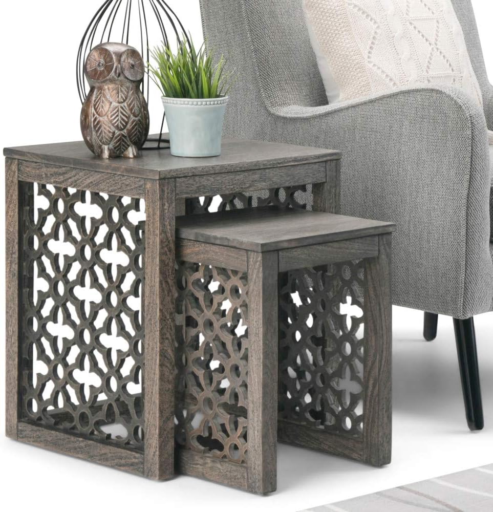 Simpli Home Polly Solid Mango Wood 17 inch wide Square Rustic Contemporary 2 Pc Nesting Table in Barnwood Brown, Fully Assembled, for the Living Room and Bedroom: Furniture & Decor