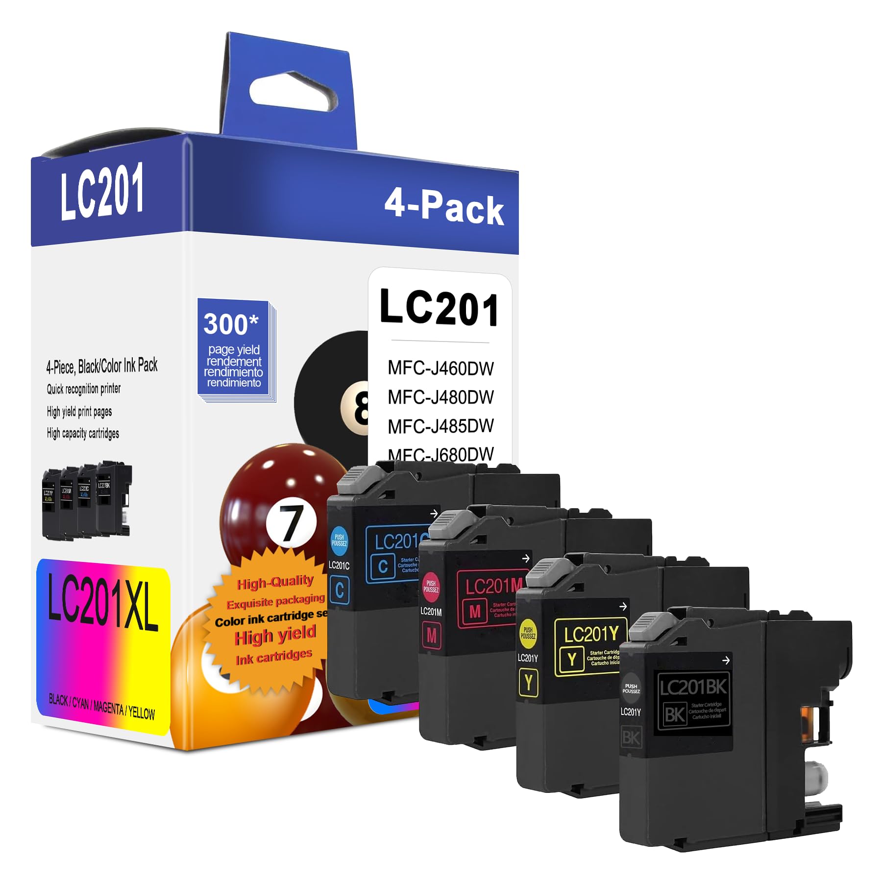 Photo 1 of LC201 (LC-201) Color (BK/C/M/Y) Ink Cartridge 4-Pack (Includes 1 LC201BK, 1 LC201C, 1 LC201M,1 LC201Y) - LC203 Ink Cartridge Replacement for Brother MFC-J460DW MFC-J480DW MFC-J485DW MFC-J880DW Printer