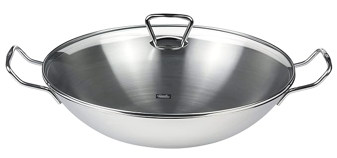 Fissler Wok kunming – Edelstahl Pfanne – Wokpfanne hoch – mit Glasdeckel 36 cm Ø – Induktion, Ceran, Elektro, Gas – 006-823-3