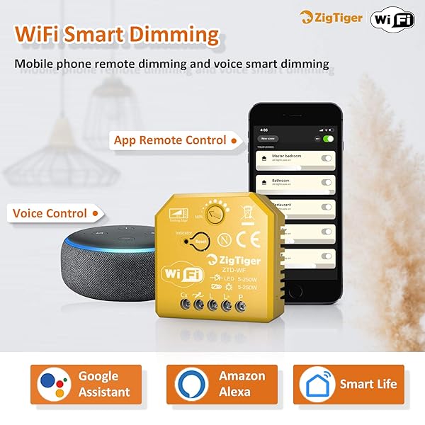 Zigtiger Wifi Unterputz Dimmer Aktor Dimmer Schalter Smart Dimmer Schalter Kompatibel mit AlexaGoogle Home 5250 W Unterputzdosen Drehdimmer fr Dimmbare LED und Halogen Leuchtmittel