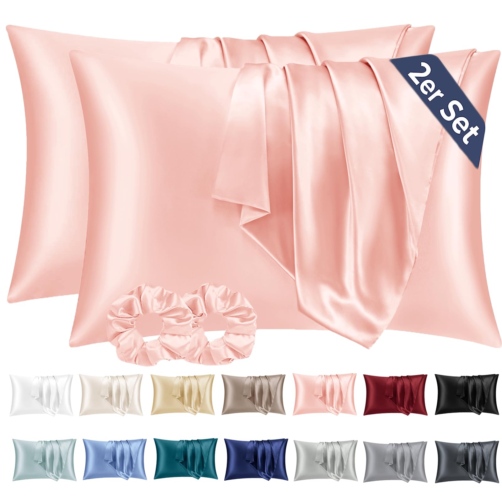 Vielit 2 Pack Satin Pillowcase for Hair and Skin,Soft as Silk Pillowcases for Hair and Skin,Easier Care than Silk Pillow Case Rose Pillowcases for 40x60cm Pillow Envelope & 2 Scrunchies