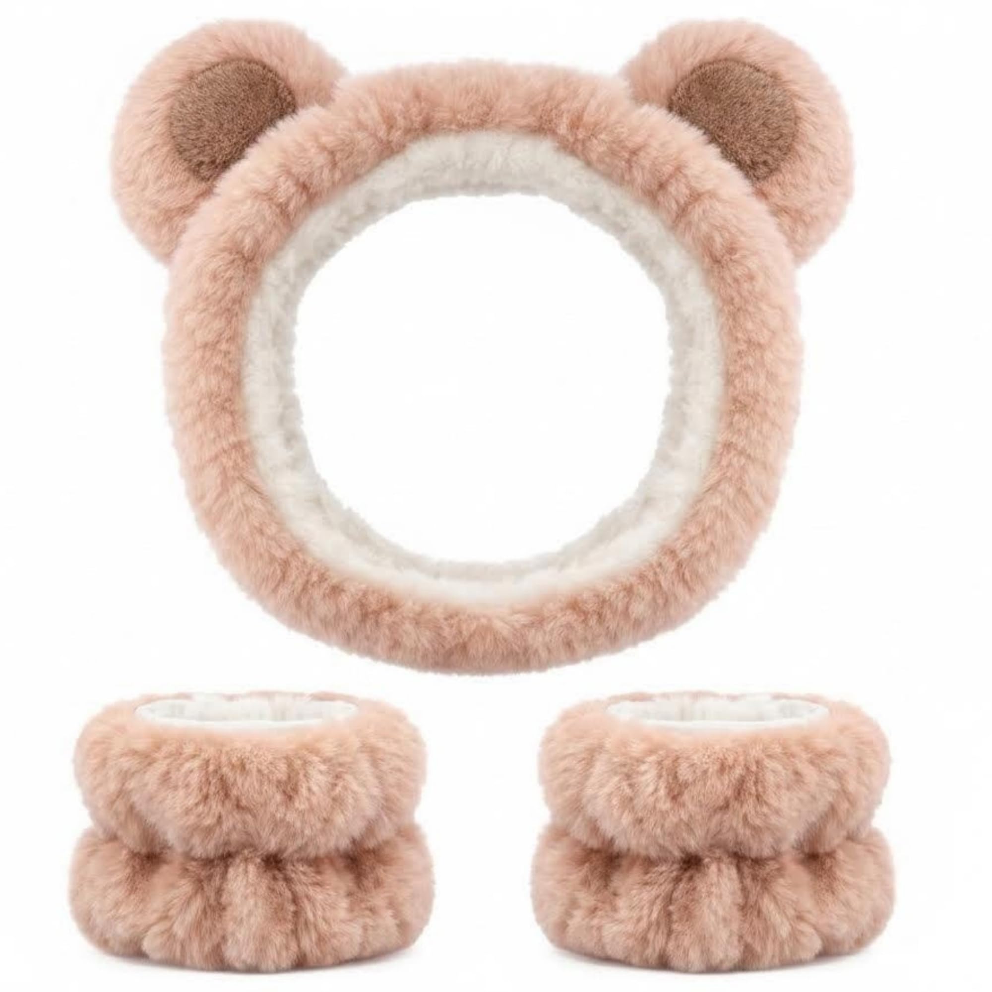 3 Pcs Spa Headband Wrist Washband Set, Khaki Soft Makeup Headbands for Washing Face,Cute Bear Ear Skincare Hair Band for Women Girls Fluffy Headband Elastic Wrist Bands for Face Washing Make Up,Brown