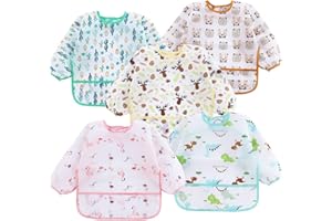 PandaEar 5 Pack Baby Bibs with Long Sleeves| Baby Feeding Bibs Smock for Eating| Full Bib for Infant Toddler 6-24 Months
