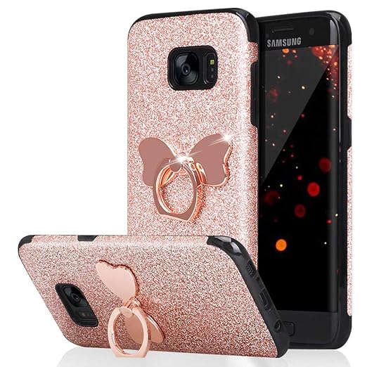HUDDU Compatible for Rosegold Shinny Glitzer Sparkles TPU Handyhülle Samsung Galaxy S6 Edge Bling Hülle 360 Rotation Ring Hal