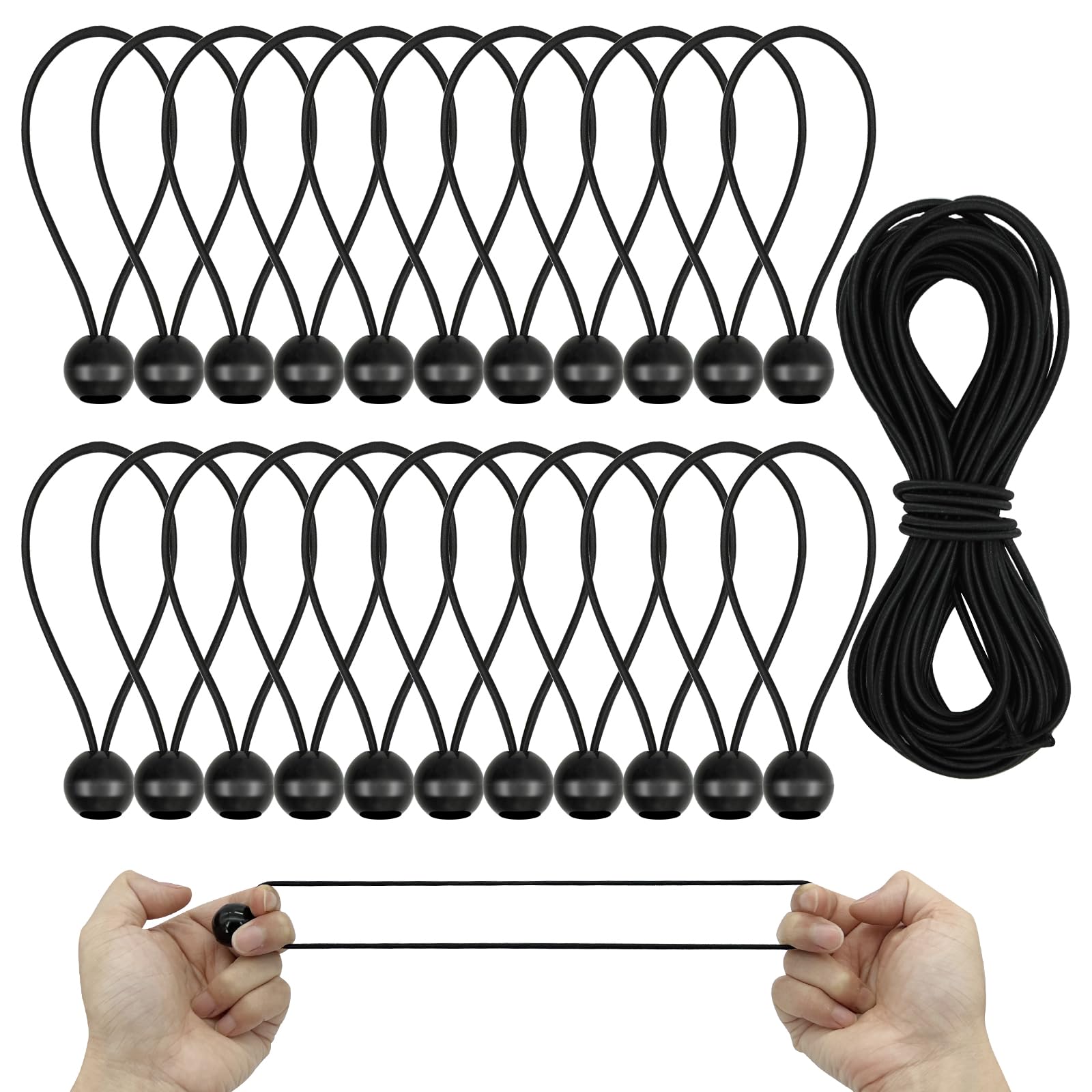 Omsscun 22 PCS Bungee Ball, 4 Inch Bungee Cords with Balls, Bungee Cords with Balls 15 cm, Ball Bungee Cords for Tent, Camping, Household Items, Canopies, Flags (Black)