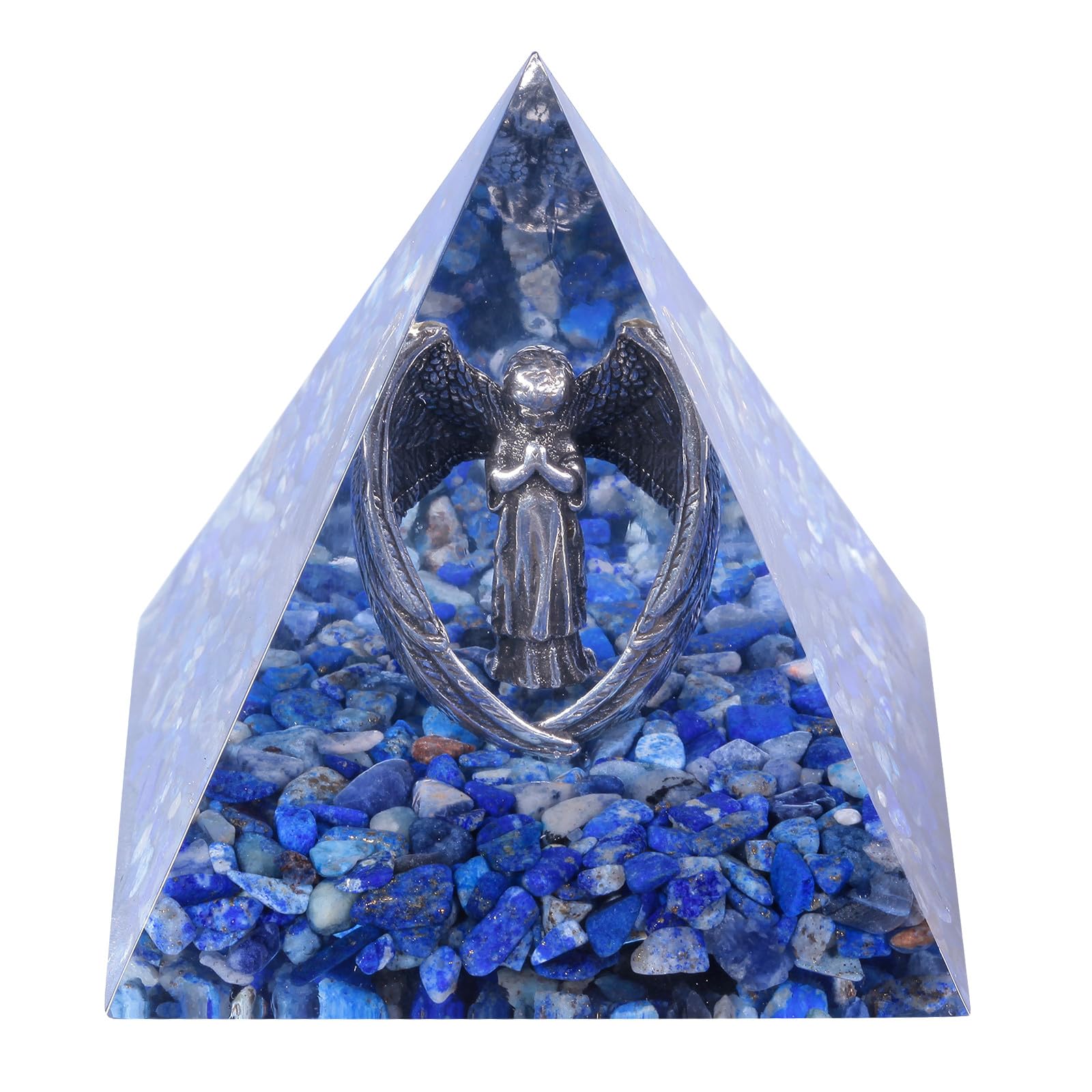 Nupuyai Angel Lapis Lazuli Crystal Pyramid Spiritual Ornament, Reiki Healing Stone Quartz Point Energy Feng Shui Pyramid Home Office Decor