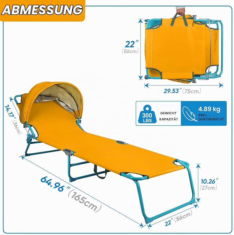 2 Pack Outdoor-Lounge-Stuhl, Sonnenstuhl mit Sonnenschirm Dach, verstellbare Rückenlehne Folding Chaise Lounge, Liege Strand Bett für Strand, Camping, Wandern -Gelb