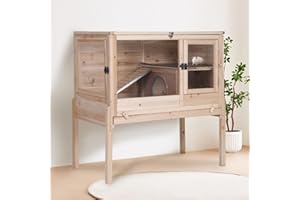 MEDEHOO Guinea Pig Cage with Wooden Stand - Hamster Cage, Small Animal Cage Anti Chew Ramp, Hideout, Platform, Pull Out Tray (Wood, L)