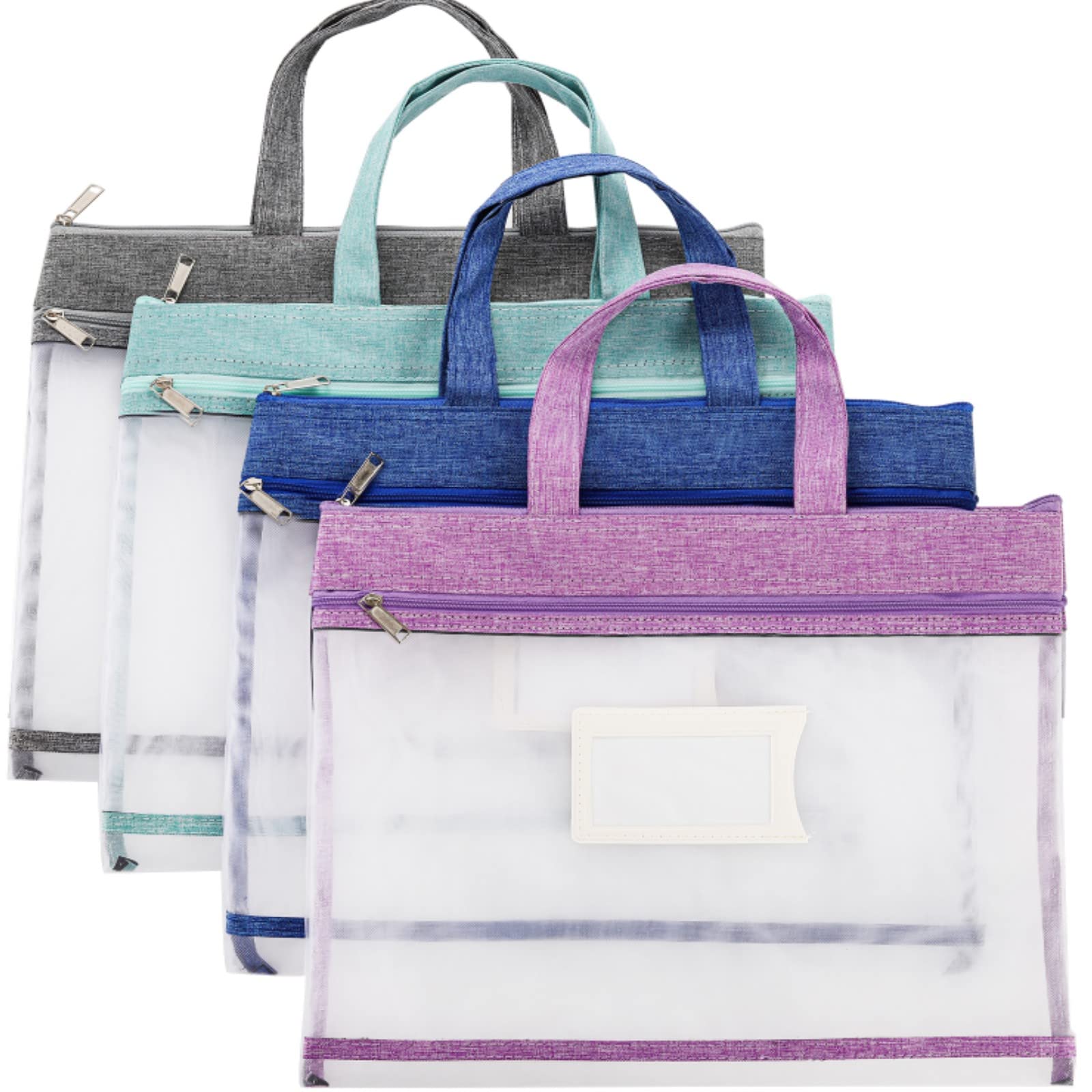 AVLA 4 Pack A4 Mesh Zipper Pouch with Handle, 34x28cm Double-Layer File Document Bag, Student Book Pouch with Name Card Pocket for School, Office, Travel, Board Games Storage (4 Colors)
