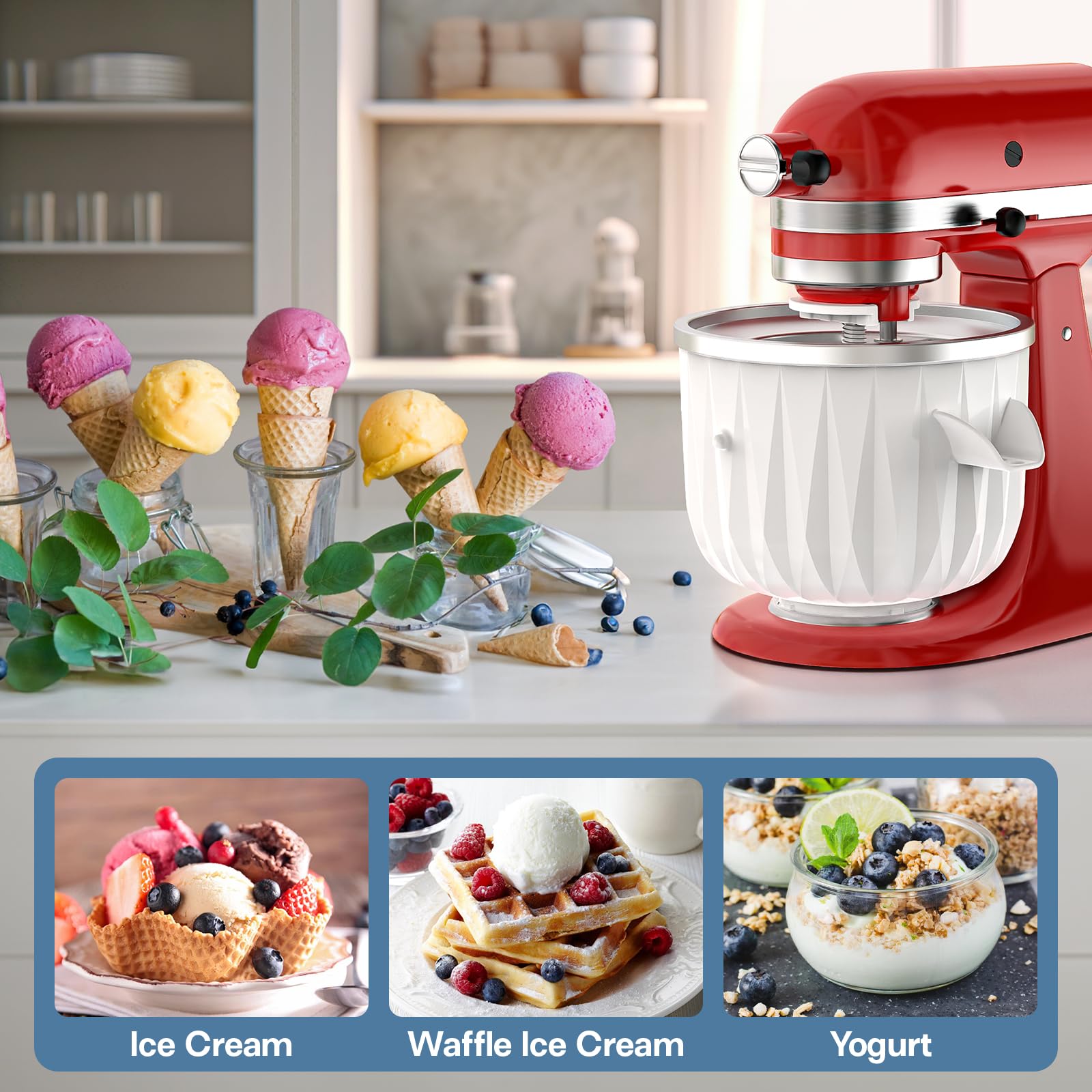 Ice Cream Attachment for Kitchenaid, 2 Quart Frozen Ice Cream & Sorbet Gelato Maker for Kitchenaid Ice Cream Maker Attachment, Compatible 4.5 Qt and Larger Stand Mixers with Ice Cream Scoop