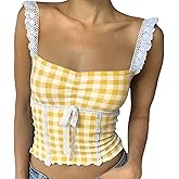 Womens Y2k Tank Top Cami Lace Trim Spaghetti Strap Camisole Square Neck Plaid Print Sleeveless Crop Tops Fairycore